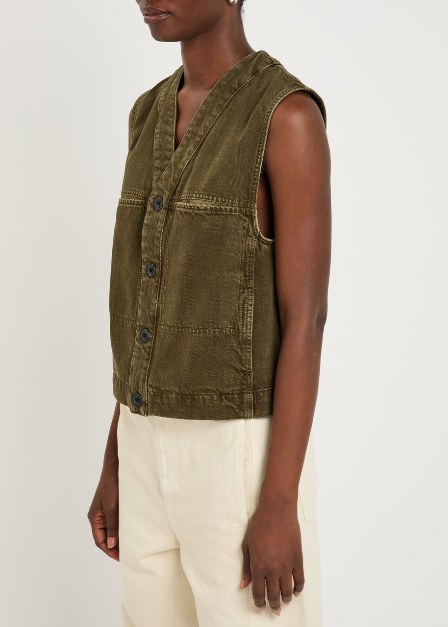 Lemaire Panelled Denim Gilet In Green
