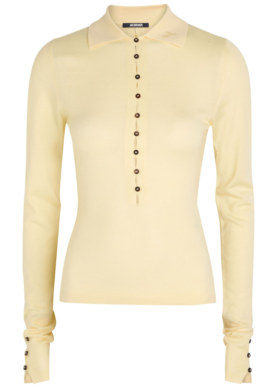 Jacquemus Le Polo Button-embellished Wool-blend Polo Top In Yellow