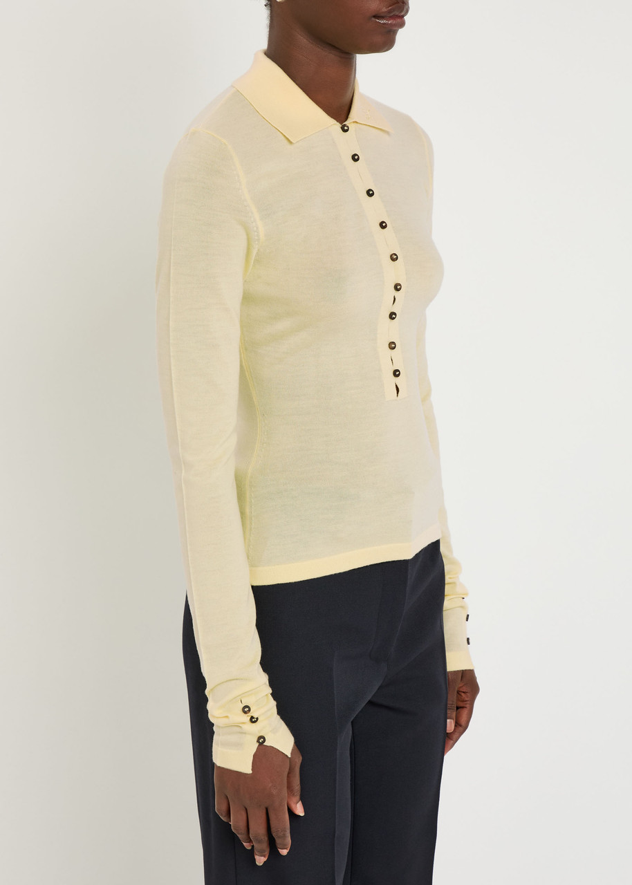 Jacquemus Le Polo Button-embellished Wool-blend Polo Top In Yellow