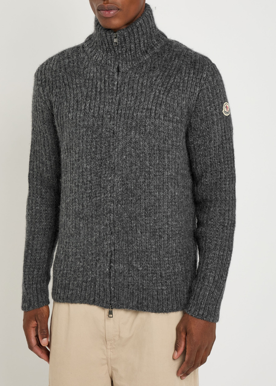 Moncler Ribbed Alpaca-blend Cardigan In Gray