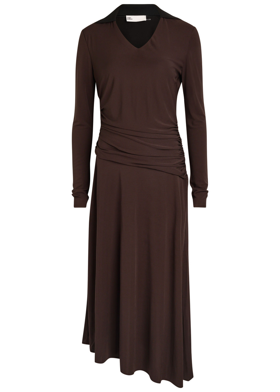 Tory Burch Ruched Jersey Midi Dress In Brown