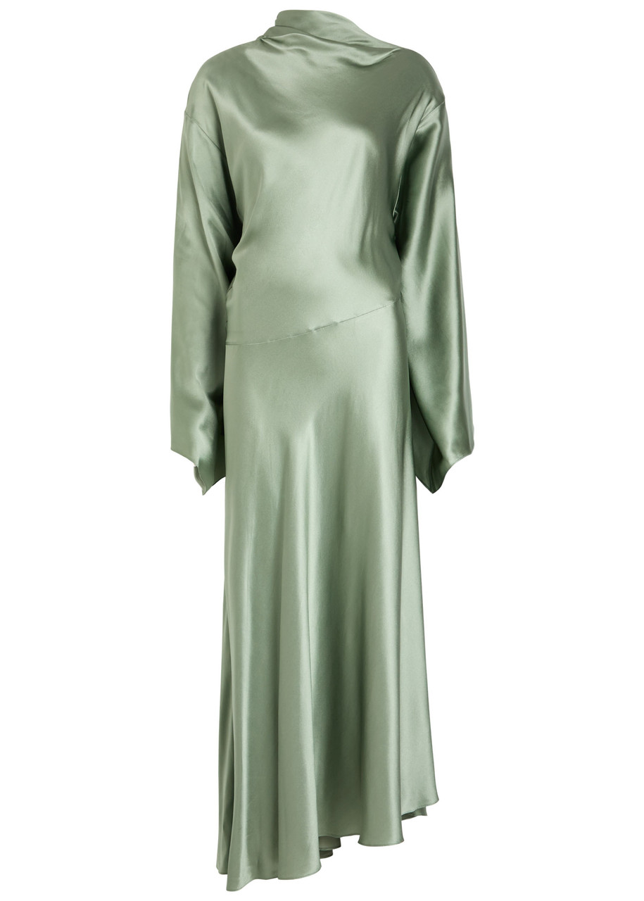 De La Vali Bayamo Draped Silk-blend Maxi Dress In Green