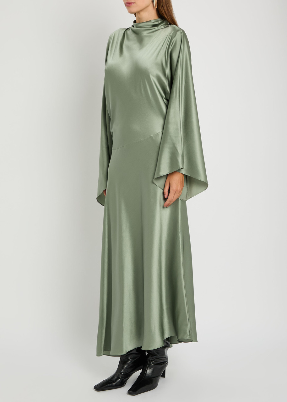 De La Vali Bayamo Draped Silk-blend Maxi Dress In Green