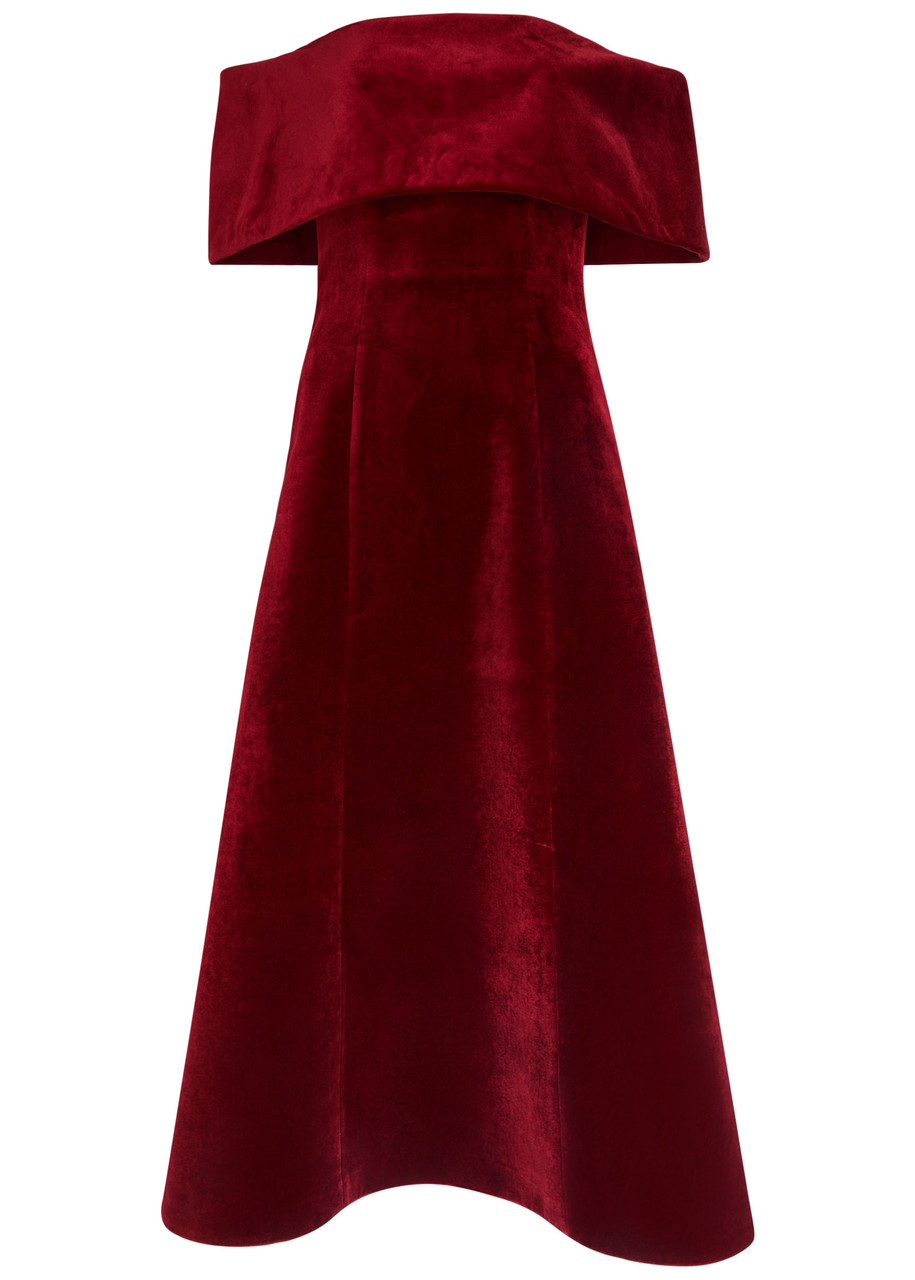 Emilia Wickstead Carita Off-the-shoulder Velvet Midi Dress In Burgundy