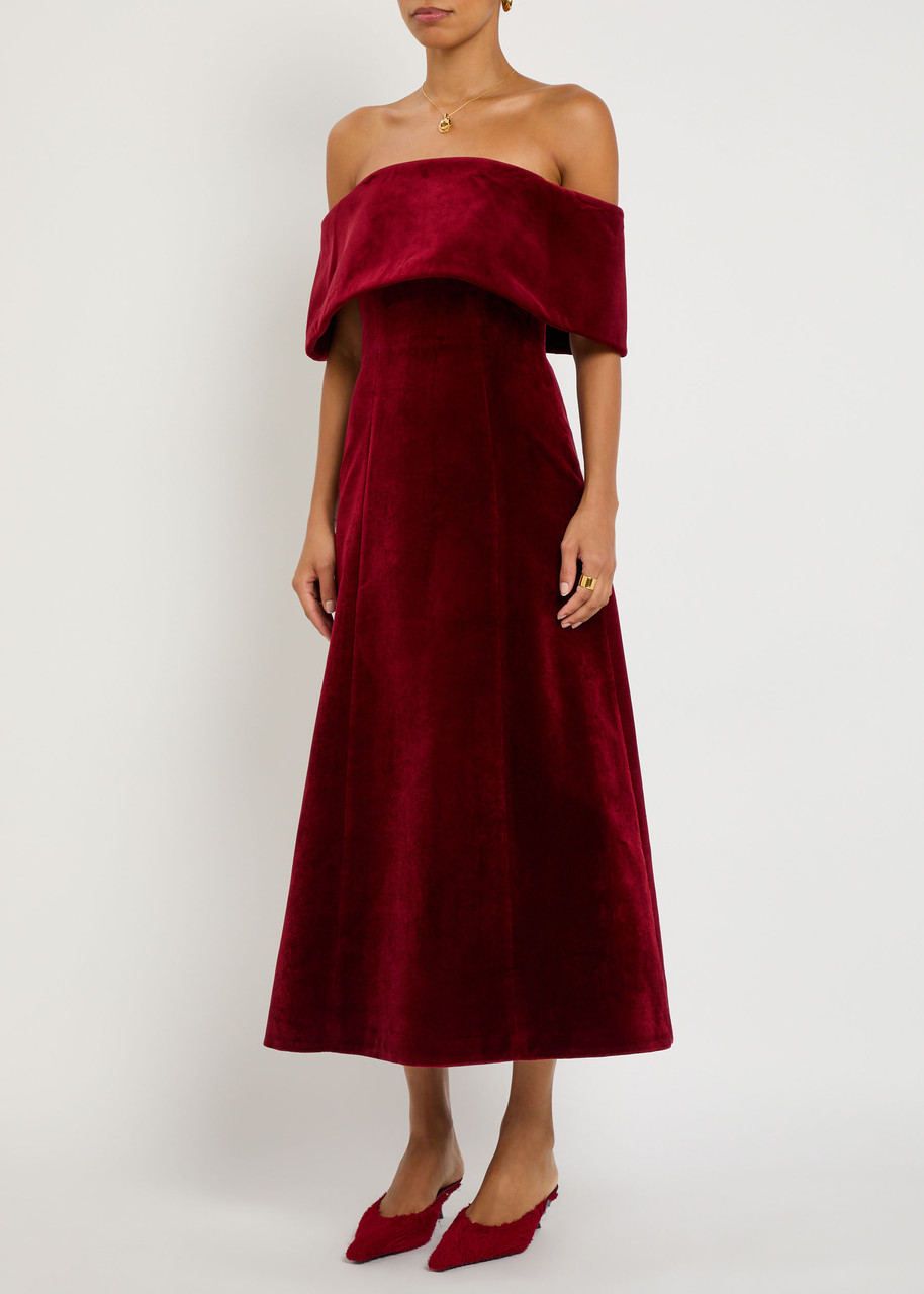 Emilia Wickstead Carita Off-the-shoulder Velvet Midi Dress In Burgundy