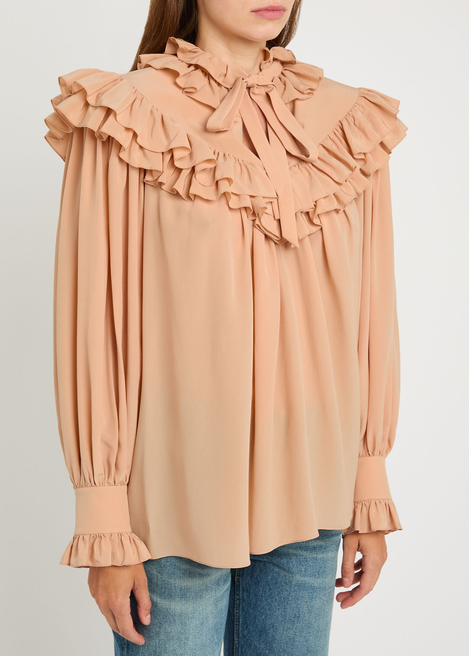 Chloé Sand Brown Oversized Ruffle Top In Blue