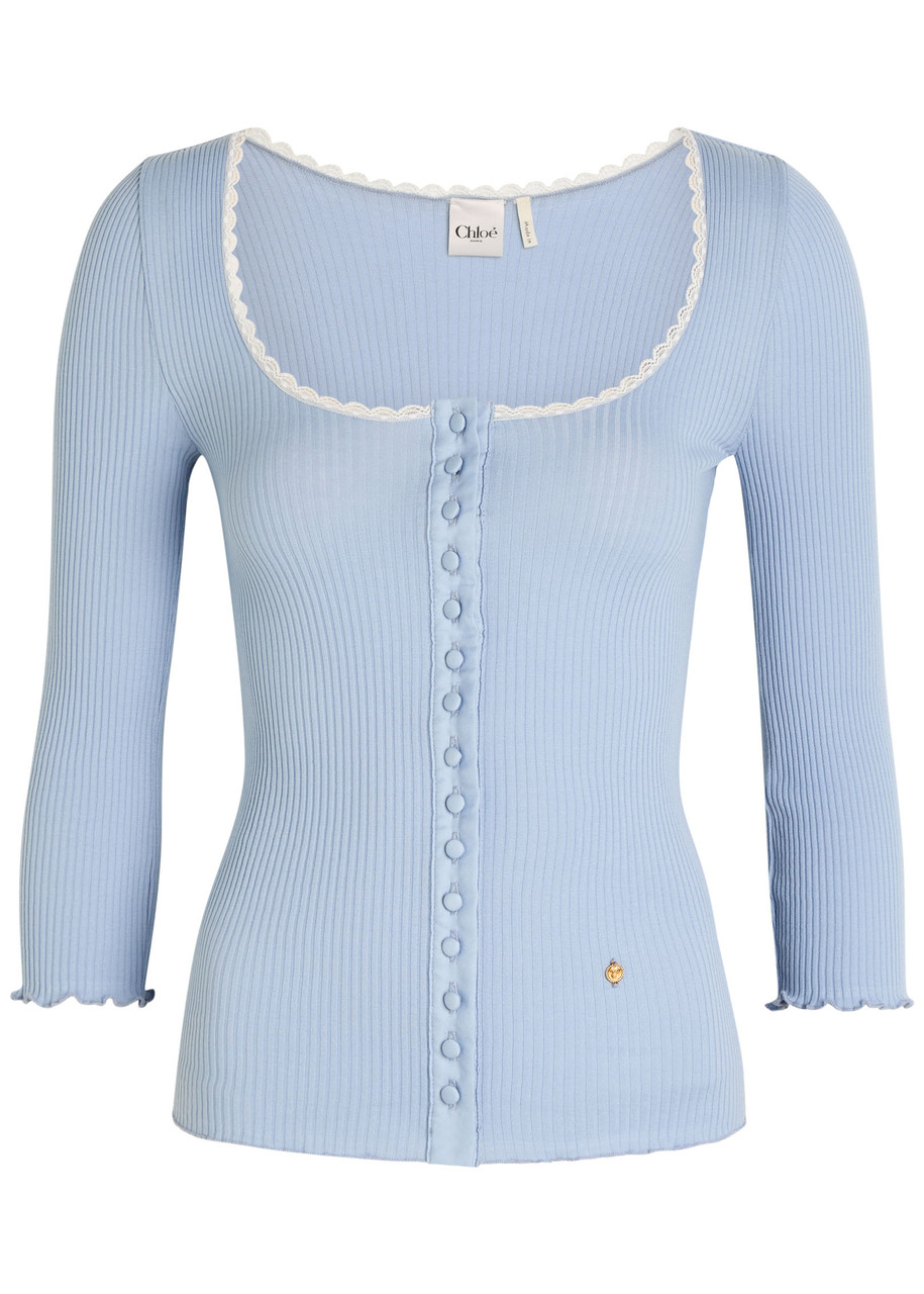 Chloé Lace-trimmed Ribbed-knit Cotton Cardigan In Blue