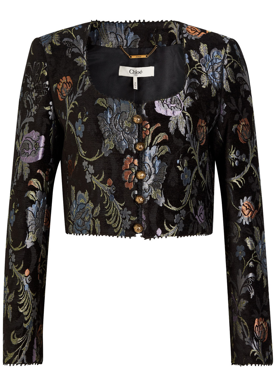 Chloé Chloe Floral-brocade Woven Cropped Jacket In Black