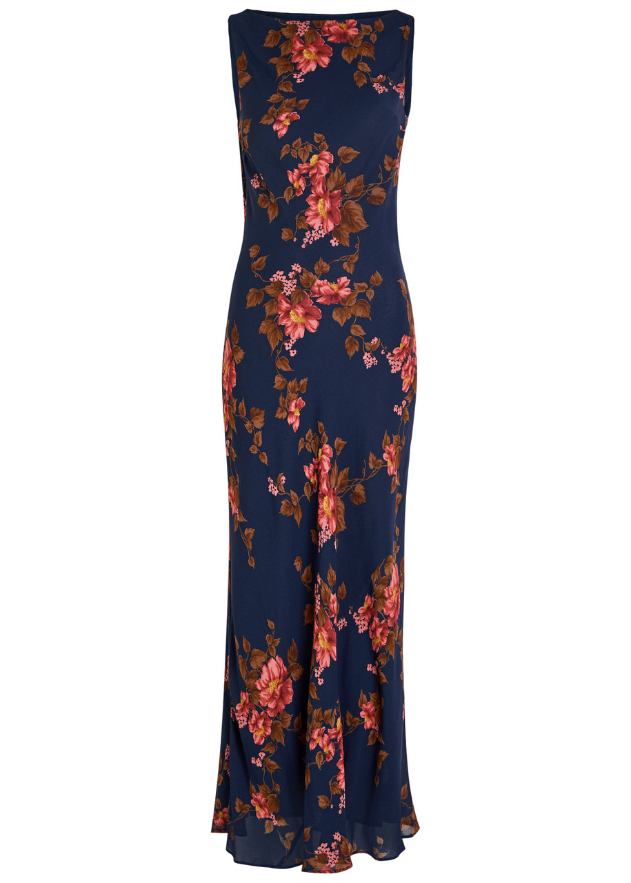 Reformation Prescott Floral Print Chiffon Maxi Dress In Blue