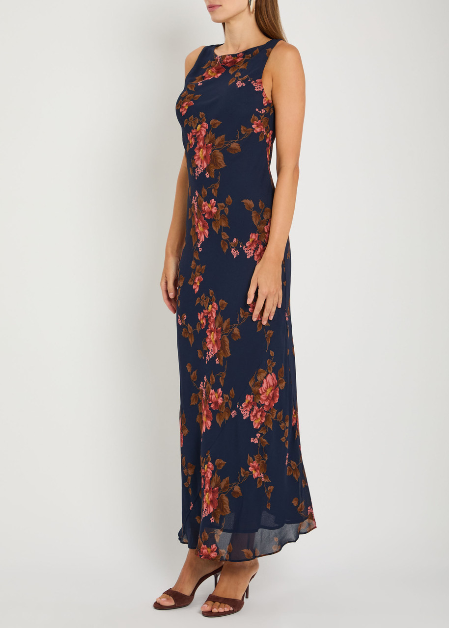 Reformation Prescott Floral Print Chiffon Maxi Dress In Blue