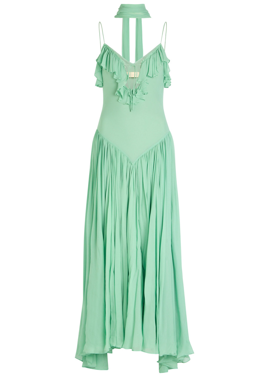 De La Vali Harmattan Ruffled Georgette Maxi Dress In Green