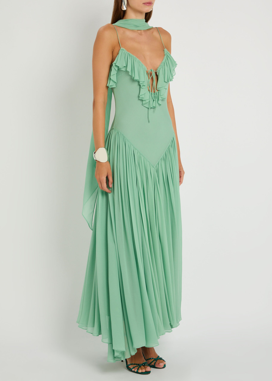 De La Vali Harmattan Ruffled Georgette Maxi Dress In Green