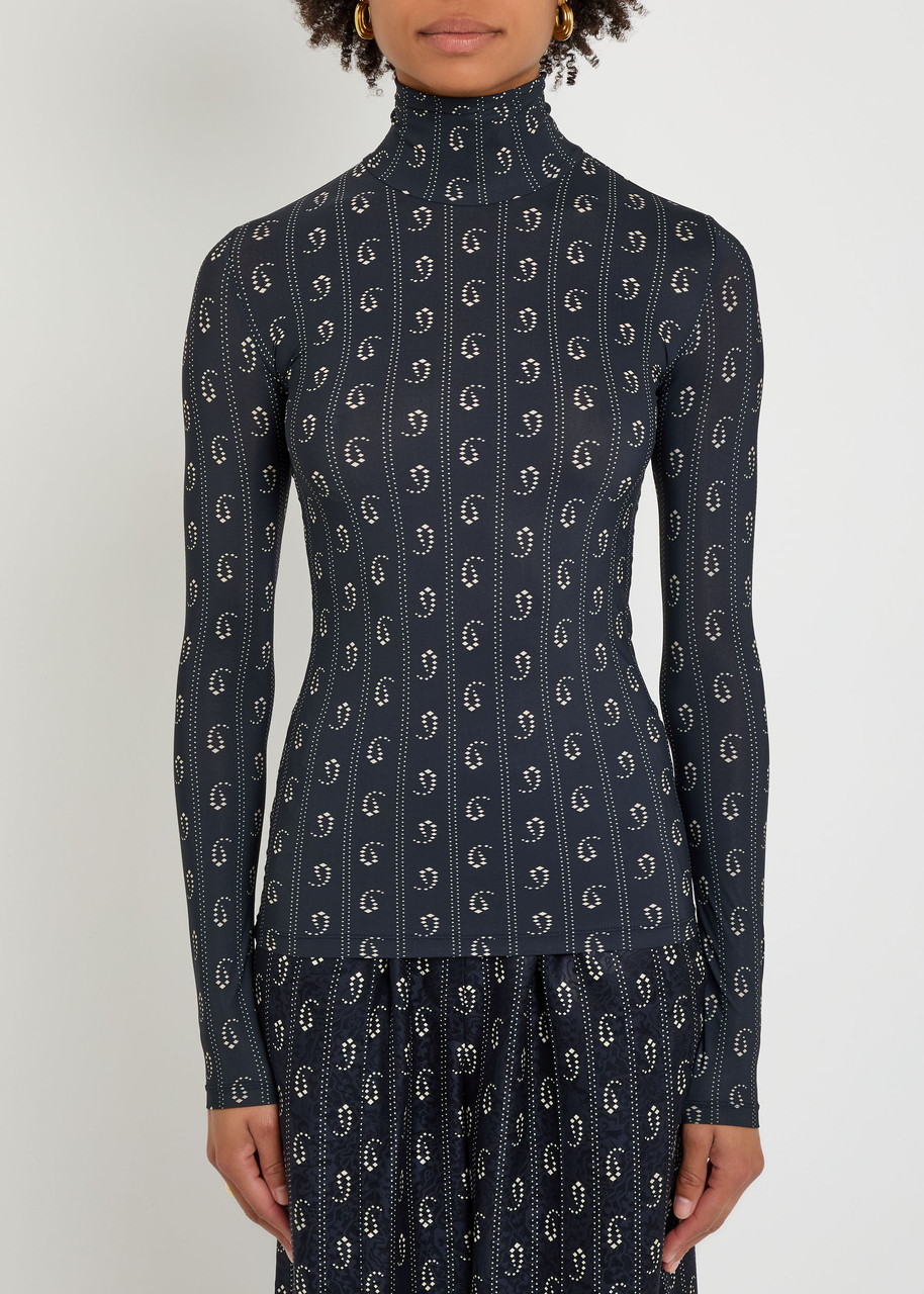  Tory Burch Printed Stretch-polyamide Top - Navy - L (uk14 / L) 