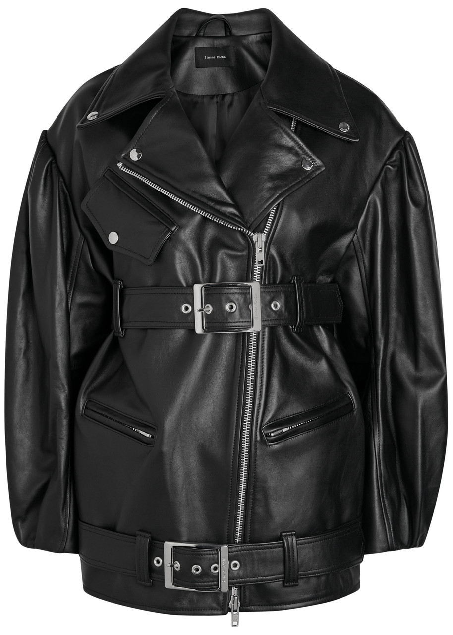 Simone Rocha Puff Sleeve Belted Leather Biker Jacket In Black
