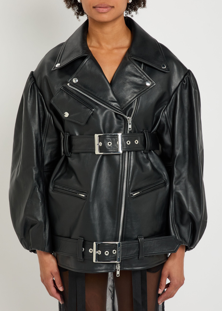 Simone Rocha Puff Sleeve Belted Leather Biker Jacket In Black
