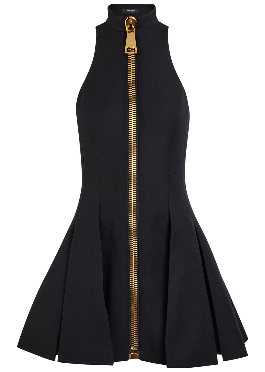 Balmain Zip-detailed Pleated Grain De Poudre Wool Mini Dress In Black