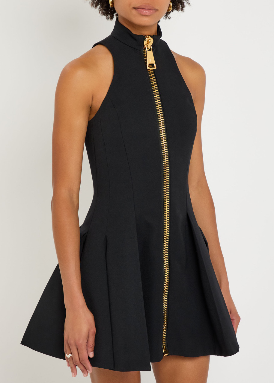 Balmain Zip-detailed Pleated Grain De Poudre Wool Mini Dress In Black