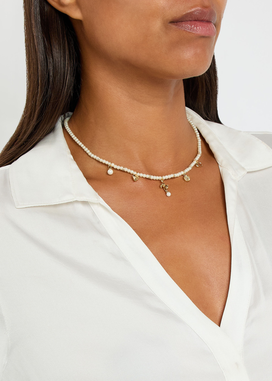 Coach Pearl Beaded Charm Necklace In White