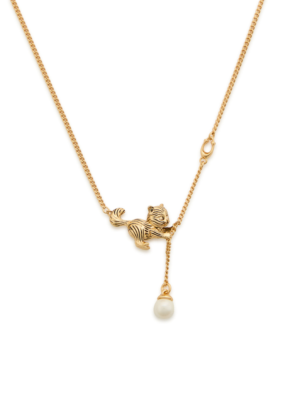 Coach Cat And Pearl Pendant Necklace In Gold