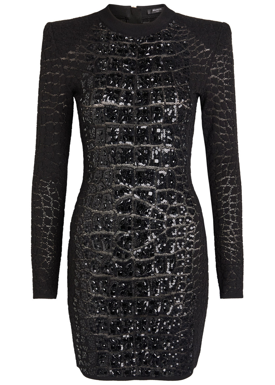 Balmain Sequin-embellished Crocodile-knit Mini Dress In Black