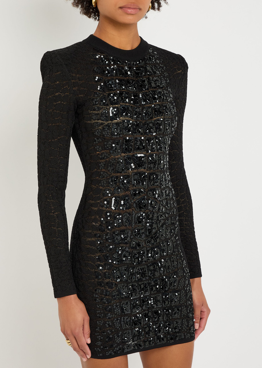 Balmain Sequin-embellished Crocodile-knit Mini Dress In Black