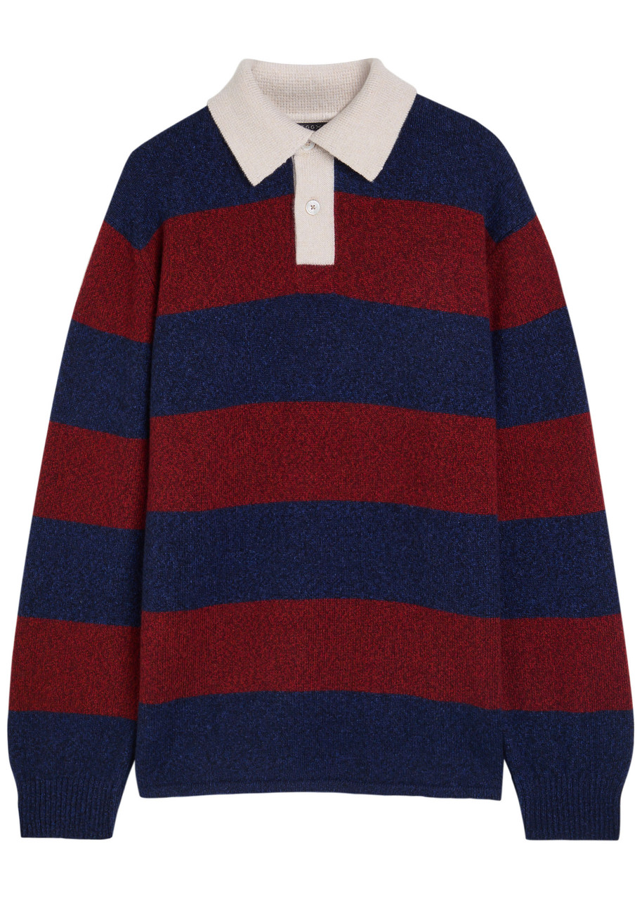 Begg & Co Hooped Striped Cashmere Polo Jumper In Blue