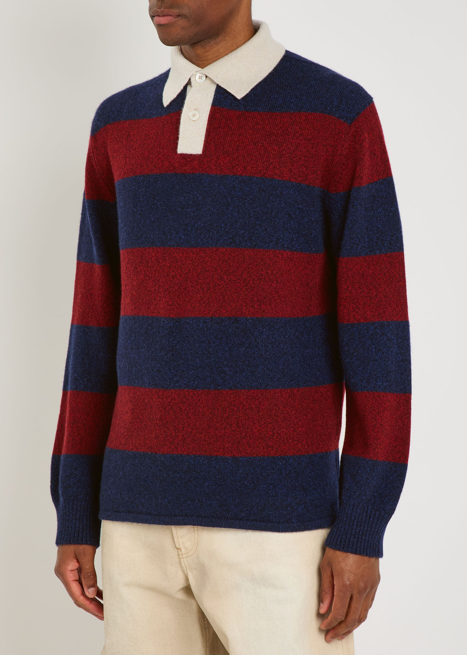 Begg & Co Hooped Striped Cashmere Polo Jumper In Blue