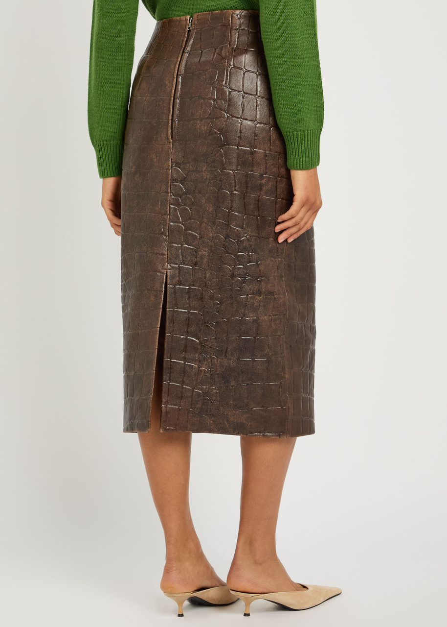 Emilia Wickstead Loretta Crocodile-effect Leather Midi Skirt In Brown