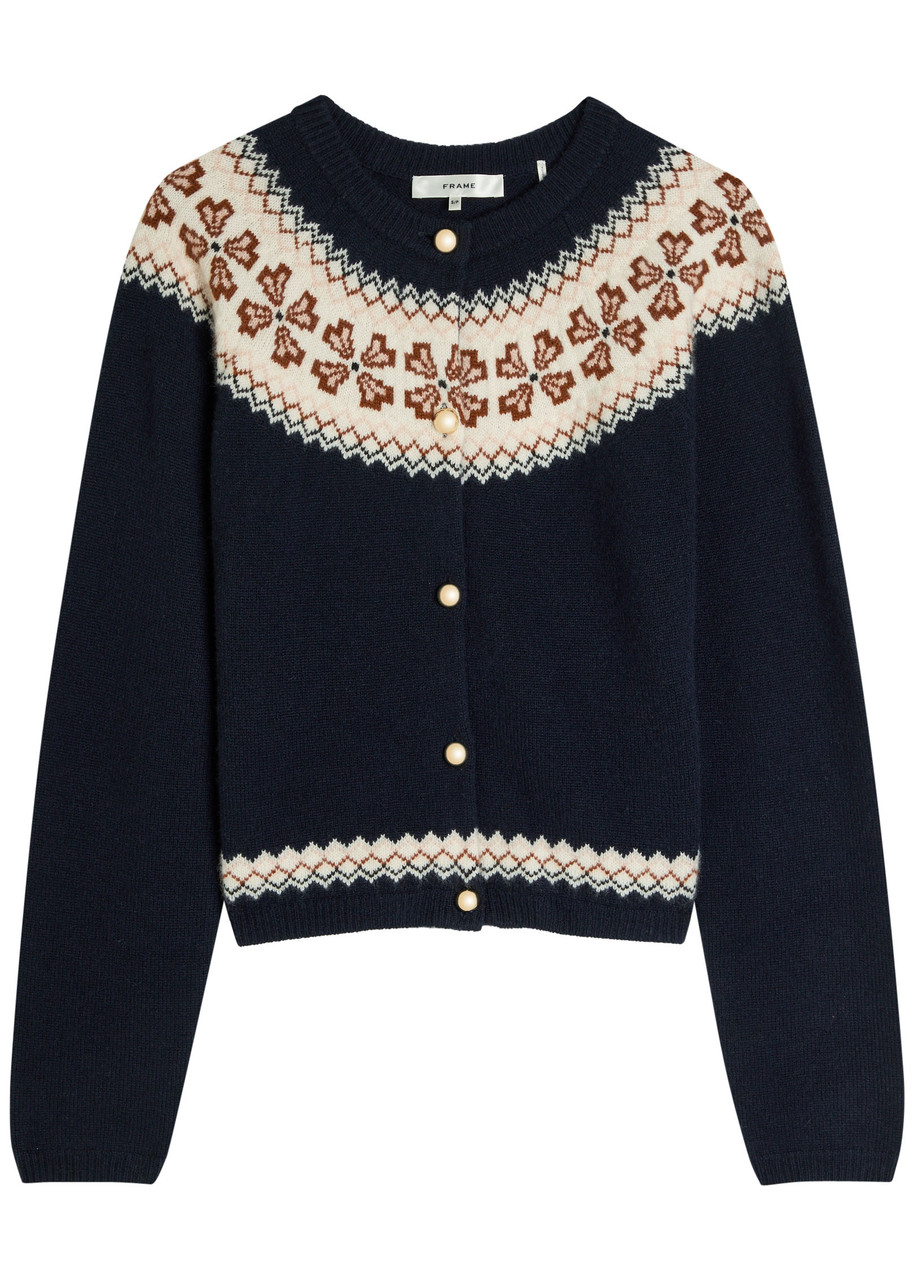 Frame The Cashmere Fair Isle Cardi Navy In Black