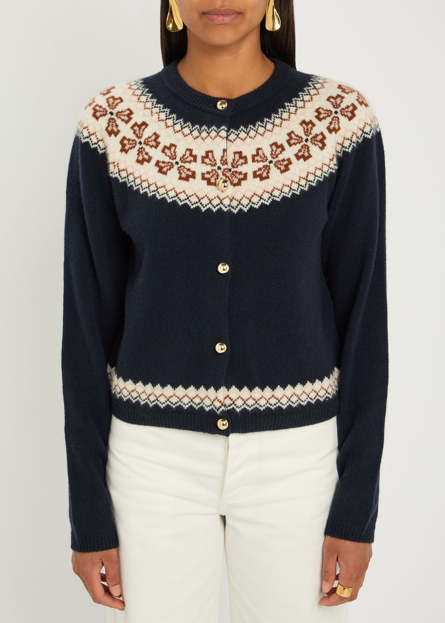 Frame The Cashmere Fair Isle Cardi Navy In Black