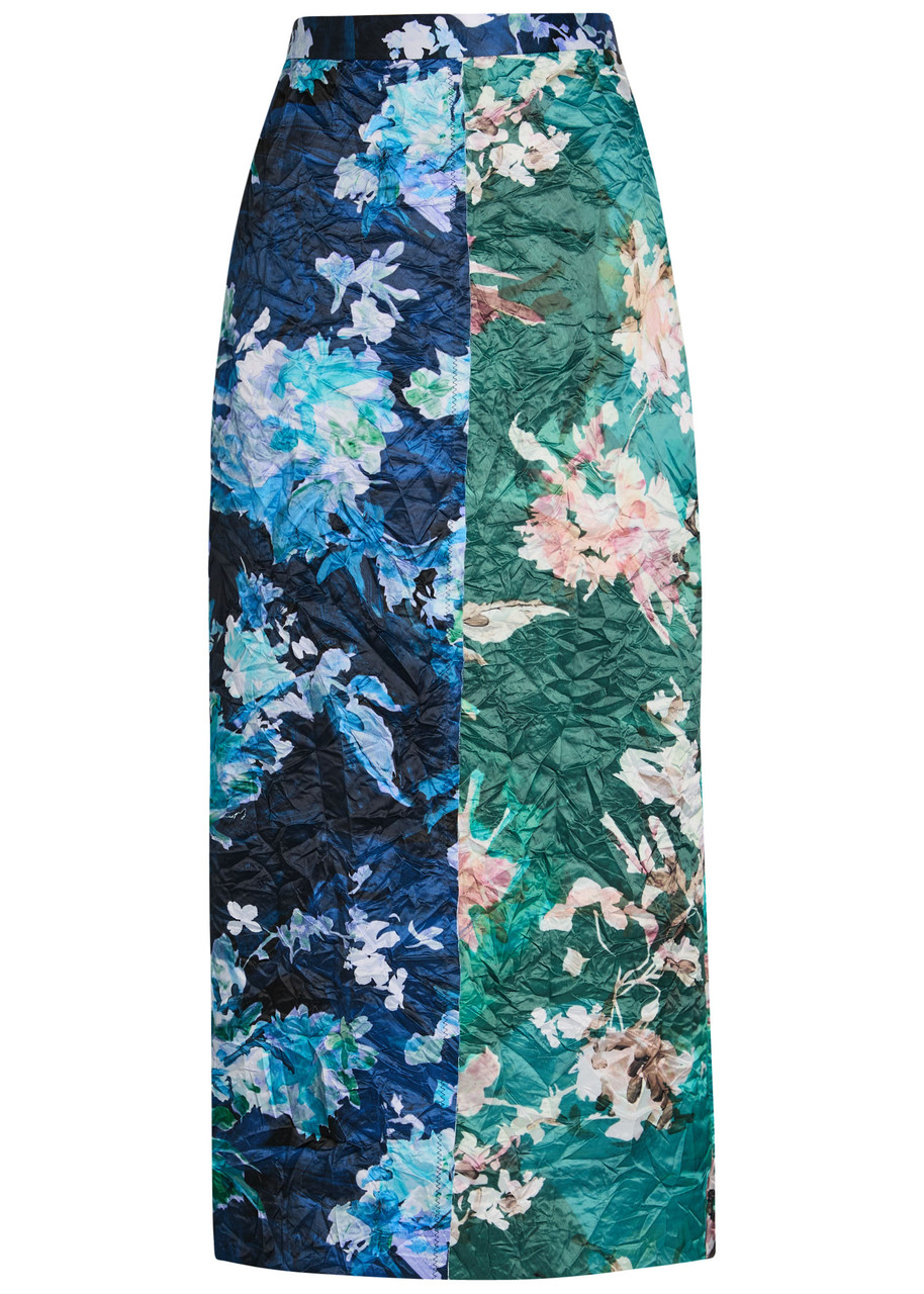 Erdem Floral-print Panelled Crinkled Satin Midi Skirt In Multi