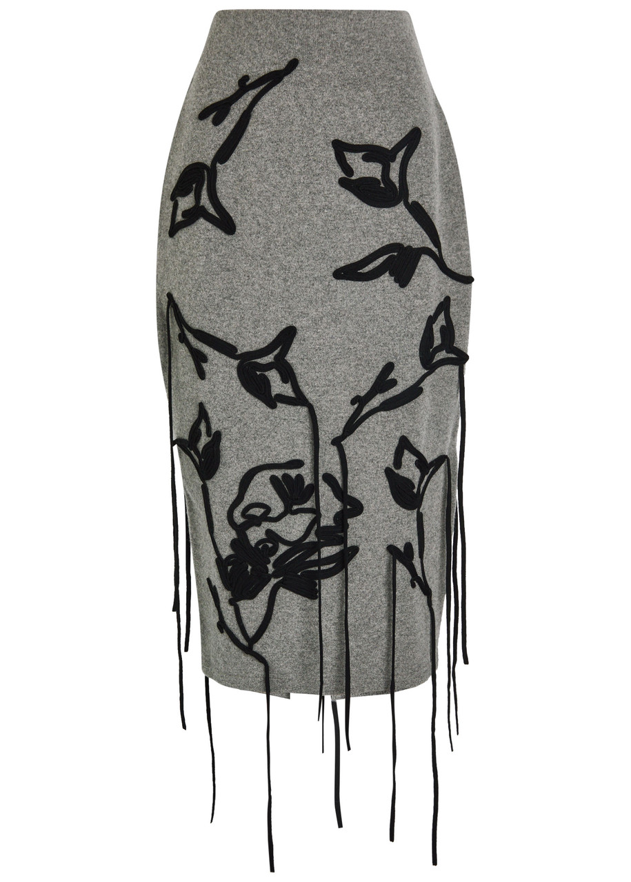Erdem Embroidered Wool Pencil Skirt In Gray