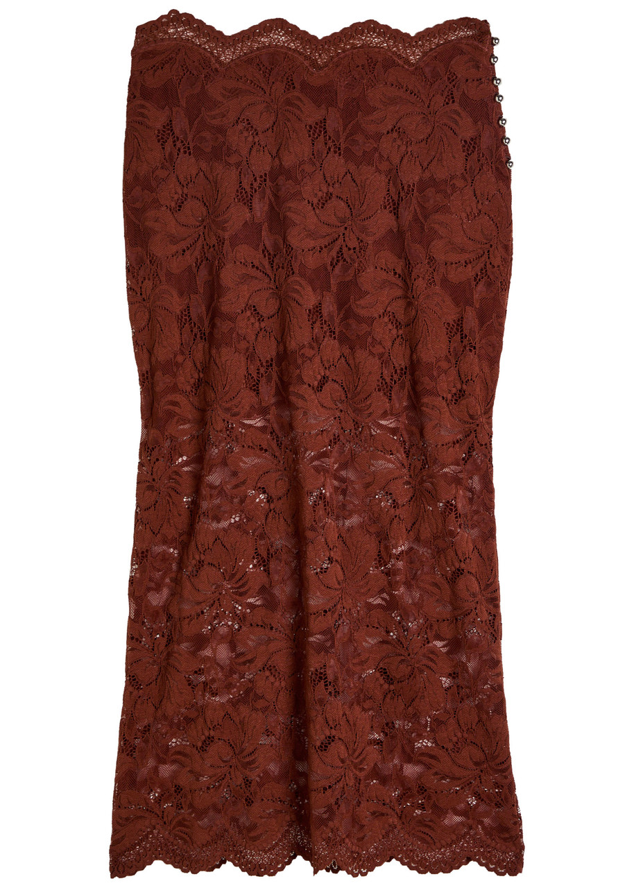 Rabanne Floral Stretch-guipure Lace Midi Skirt In Brown