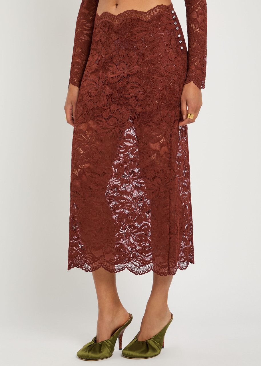 Rabanne Floral Stretch-guipure Lace Midi Skirt In Brown