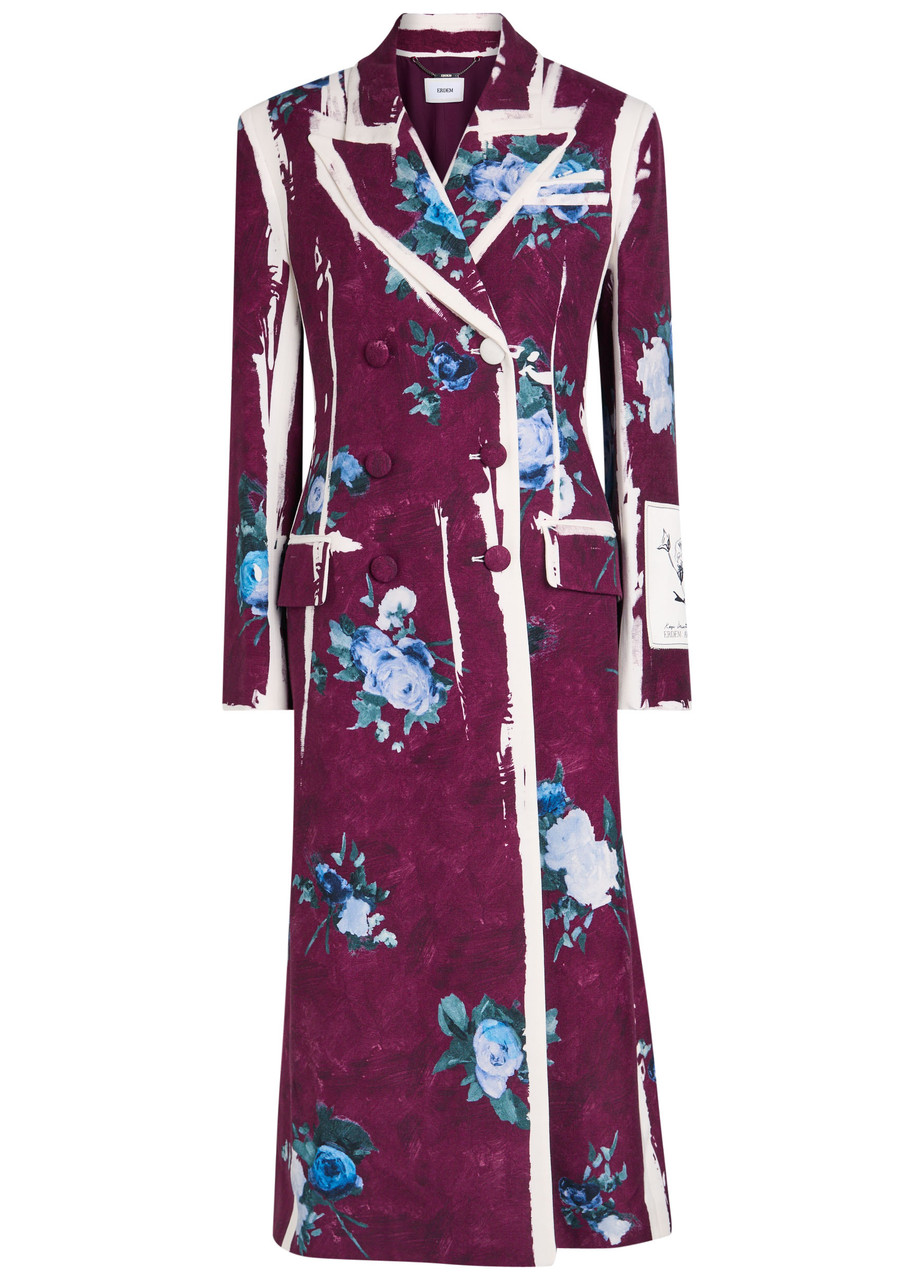 Erdem Double-breasted Floral-print Satin Coat In Purple