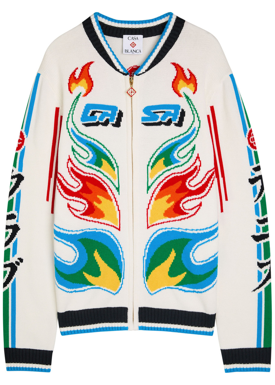 Casablanca Flame Laurel Embroidered Cotton-knit Cardigan In Multi