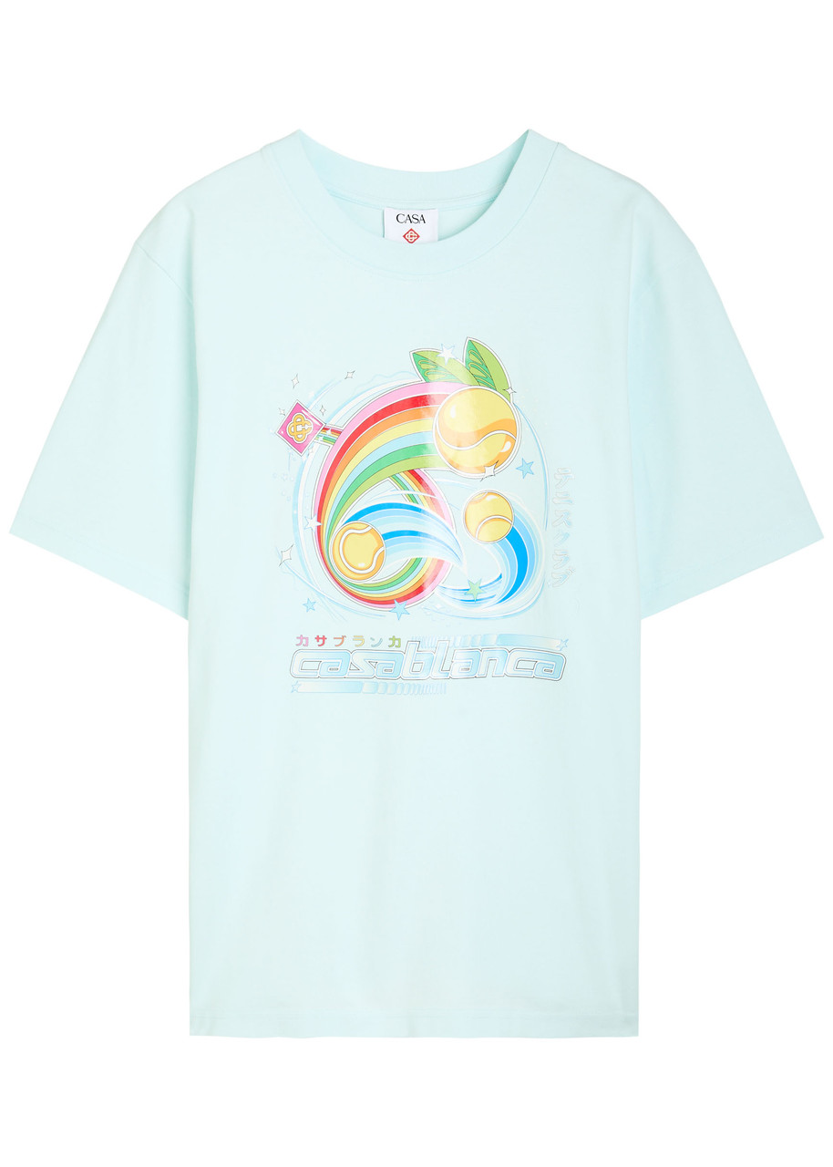Casablanca Short-sleeved T-shirt In Light Blue Cotton With Graphic Print In Blue