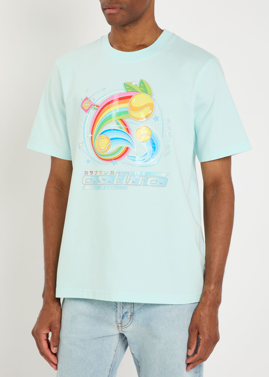 Casablanca Short-sleeved T-shirt In Light Blue Cotton With Graphic Print In Blue