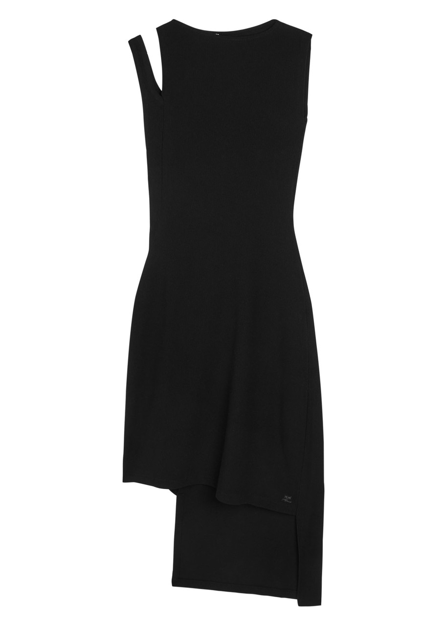 Courrèges Oplique Asymmetric Ribbed Knit Mini Dress In Black