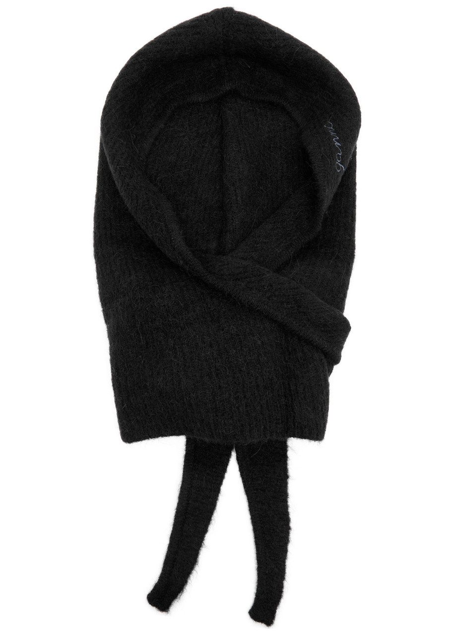 Ganni Logo-embroidered Brushed Wool-blend Balaclava In Black