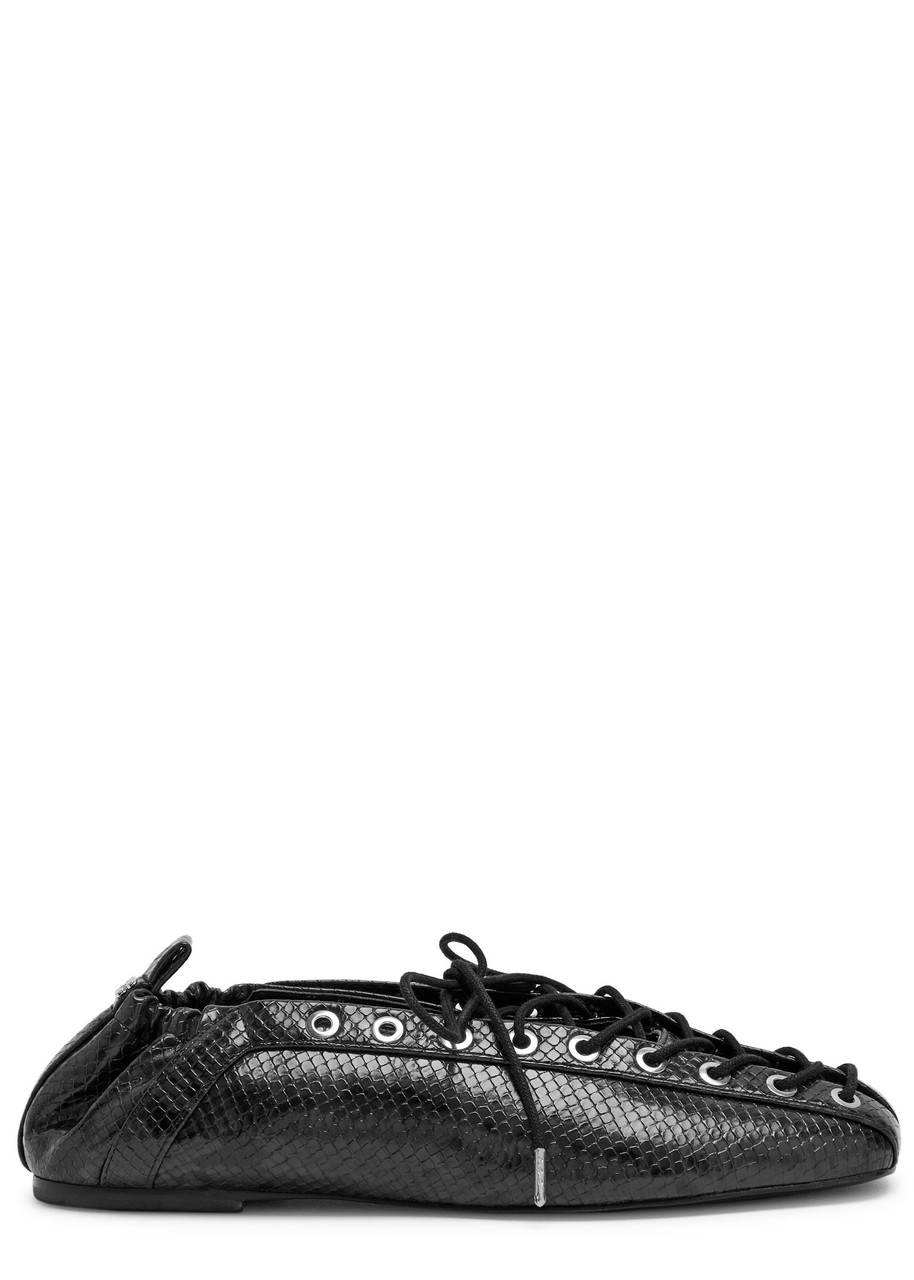 Ganni Lace-up Snakeskin-effect Ballet Flats In Black