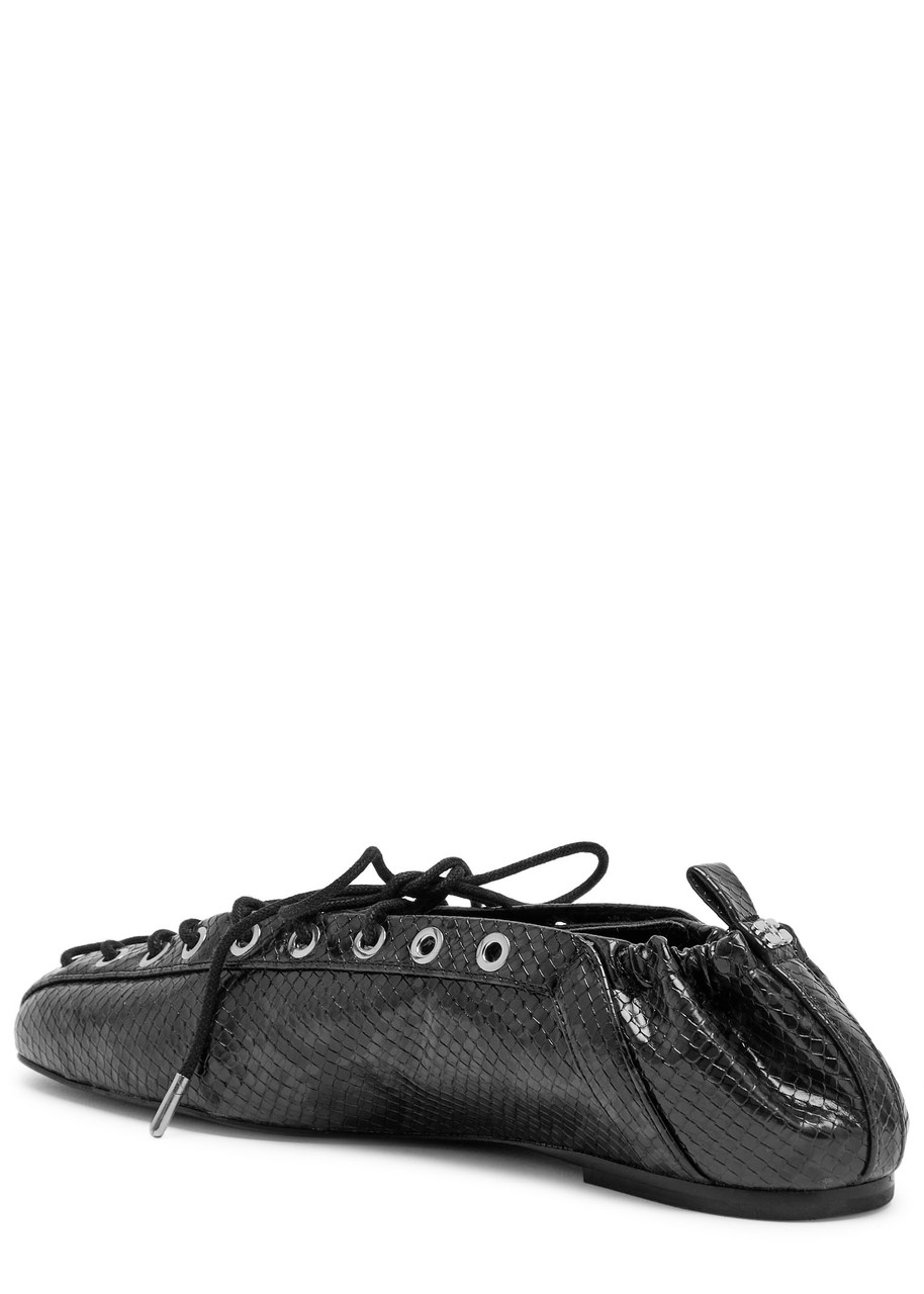 Ganni Lace-up Snakeskin-effect Ballet Flats In Black