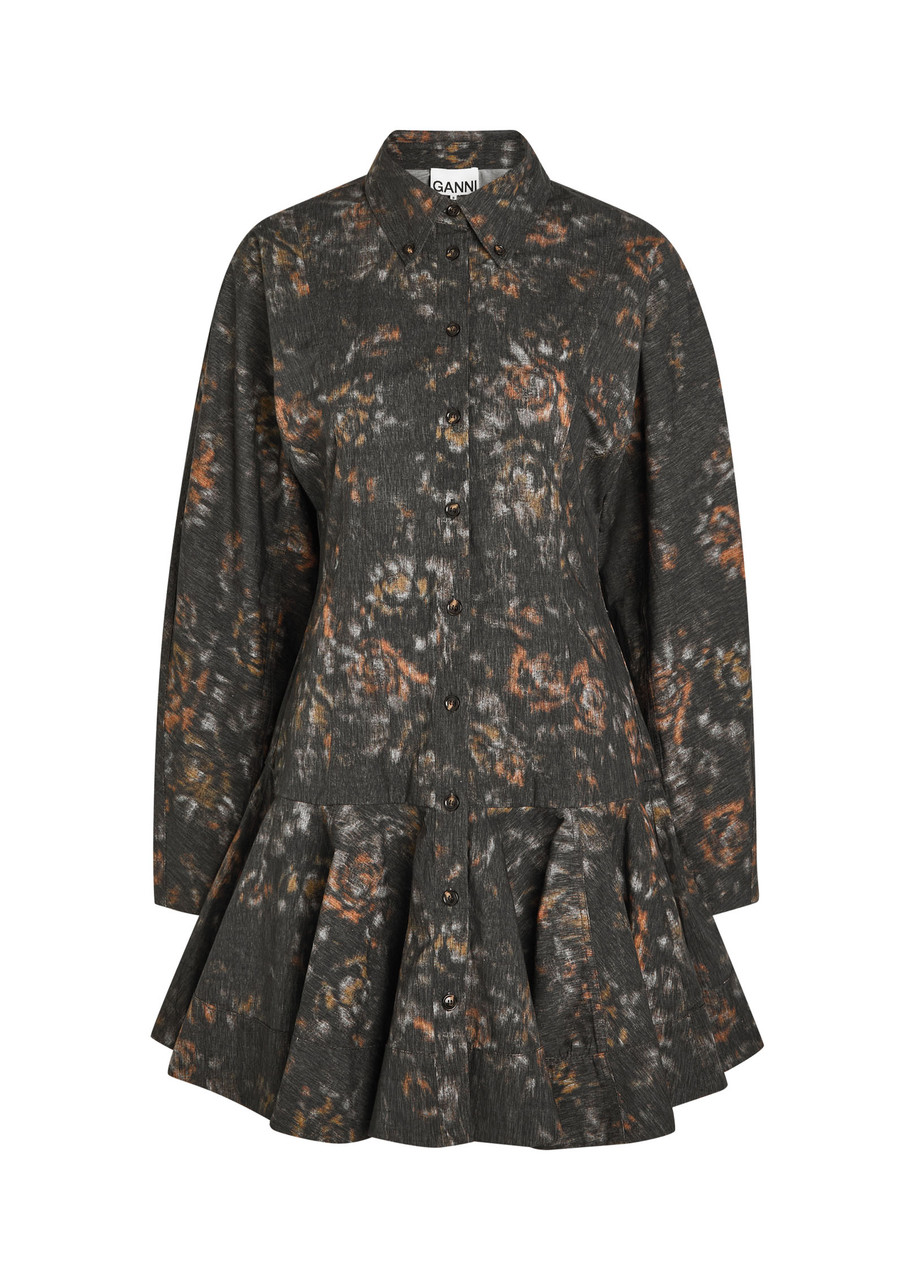 Ganni Printed Stretch-cotton Mini Shirt Dress In Black