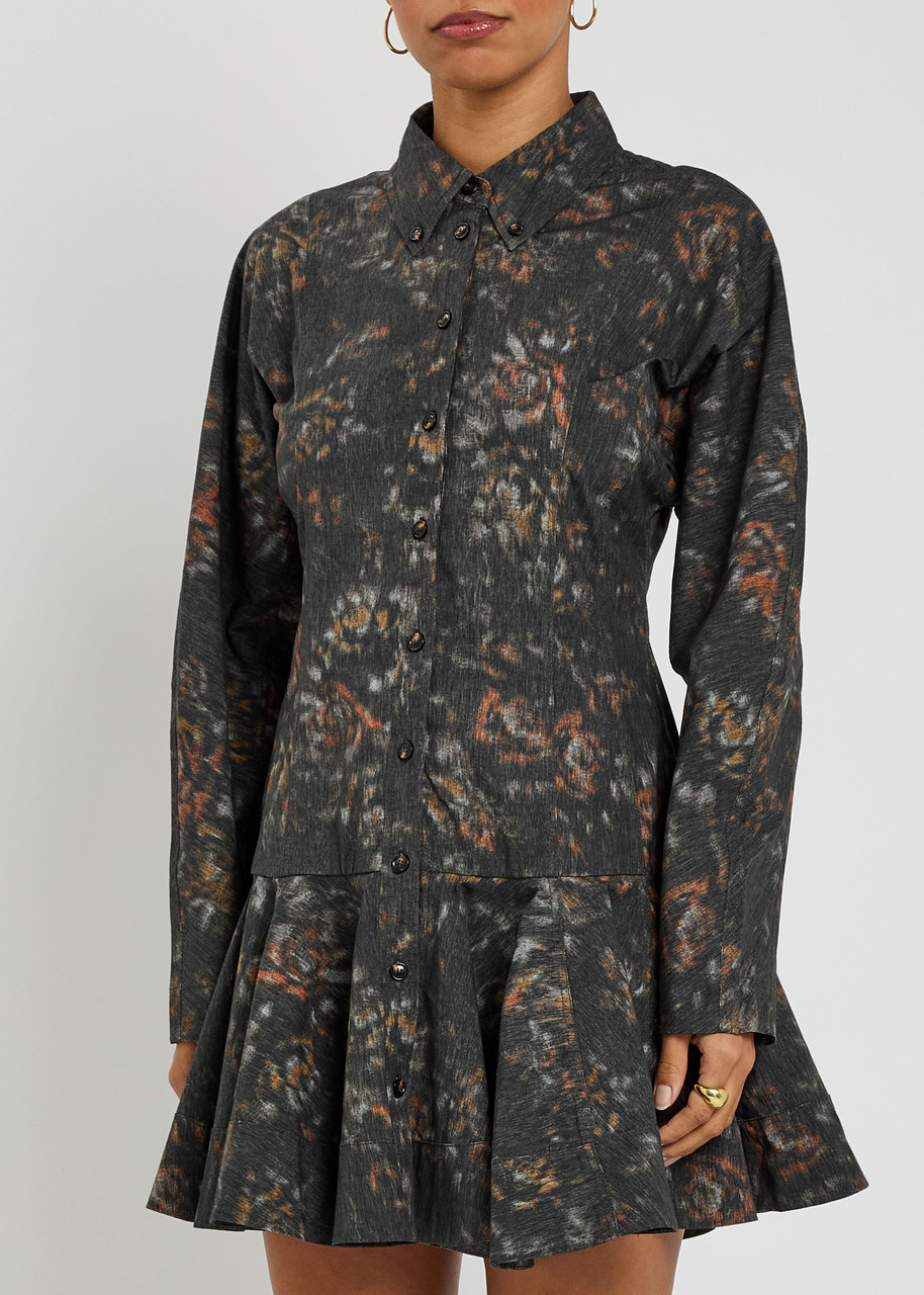 Ganni Printed Stretch-cotton Mini Shirt Dress In Black