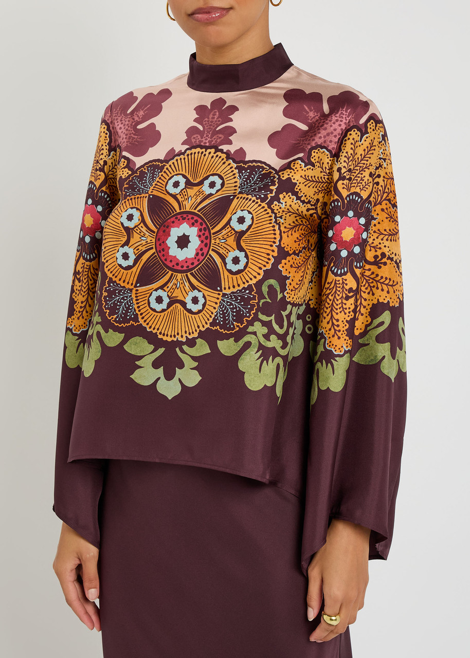 La Doublej La Double J Make An Exit Printed Silk Top In Brown