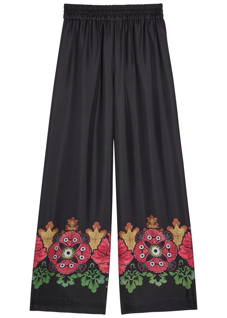 La Doublej La Double J Printed Silk Palazzo Wide-leg Trousers In Black