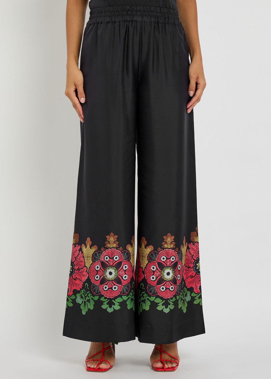 La Doublej La Double J Printed Silk Palazzo Wide-leg Trousers In Black