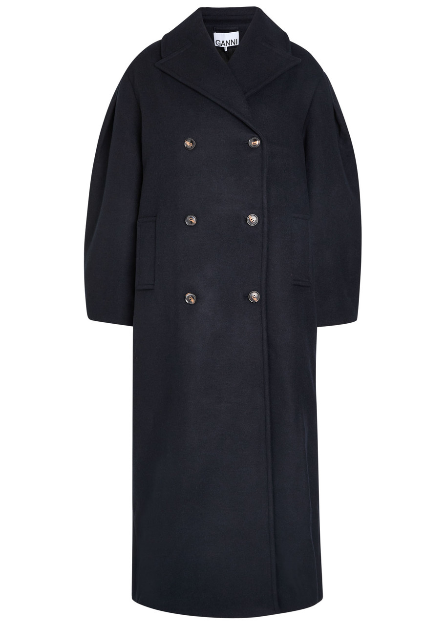 Ganni Double-breasted Wool-blend Peacoat In Black
