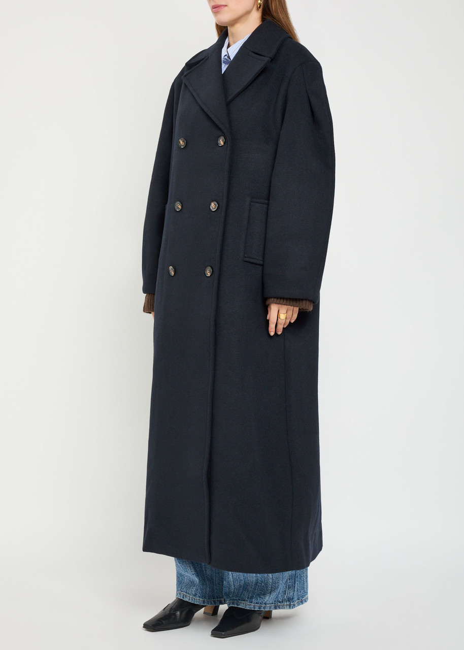 Ganni Double-breasted Wool-blend Peacoat In Black