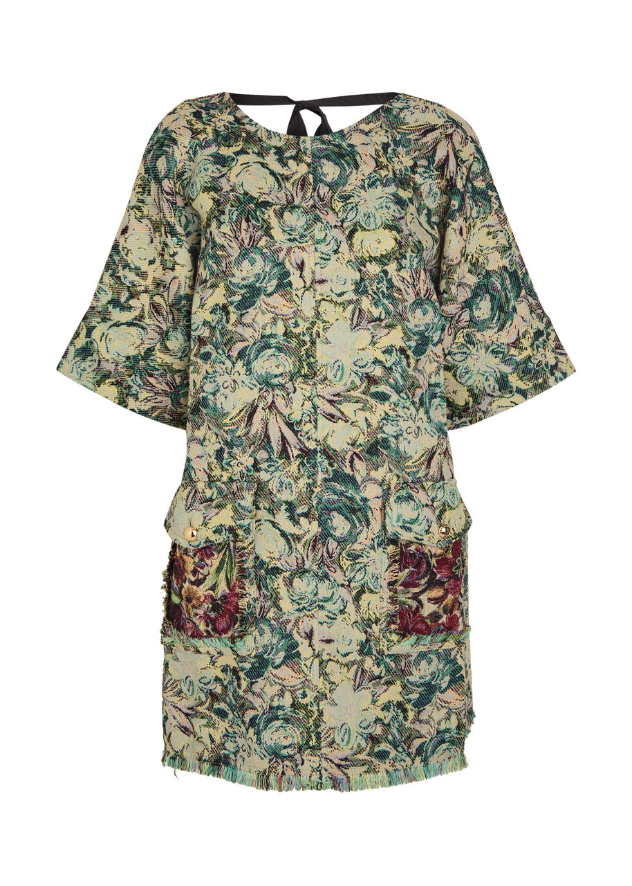 Ganni Tapestry Patterned-jacquard Woven Mini Kimono Dress In Green